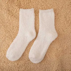 White fuzzy coral fleece winter cozy thermal socks detail view soft warm sleep floor socks