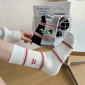 Autumn winter cute puppy embroidered mid-calf socks women Japanese double needle striped socks.