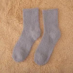 Grey fuzzy coral fleece mid-tube socks, warm and soft autumn winter sleeping floor socks.