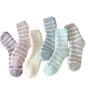 Cozy stripe coral fleece fuzzy socks for women detail view, soft winter sleep socks.