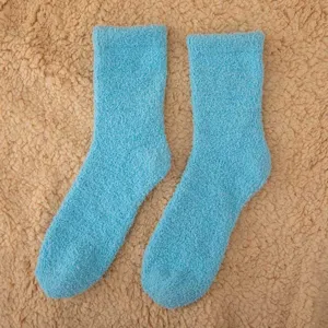 Thickened fuzzy winter sleep socks, cozy solid color coral fleece mid-tube floor socks