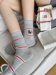 Autumn winter cute puppy embroidered mid-calf socks women striped casual knit warm hosiery