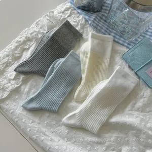 Women solid color ribbed mid tube socks spring summer breathable casual socks grey white