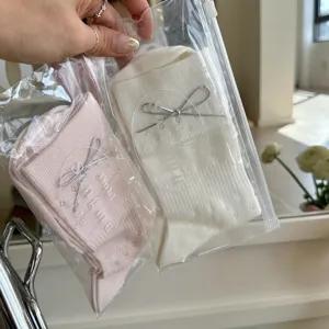 Women spring summer bow mesh mid-calf socks sweet casual white pink slouch hosiery