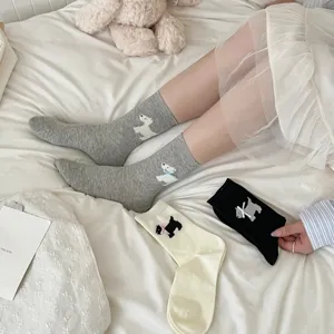 Women cute puppy pattern mid-tube socks with bowknot sweet style breathable cotton hosiery