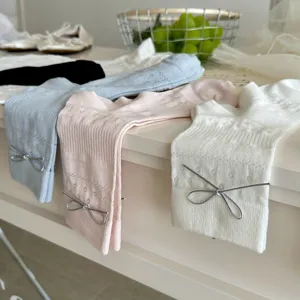 Spring summer women hollow mesh mid tube socks cute silver bow fashion casual hosiery