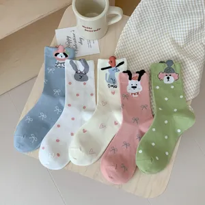 Cute cartoon print mid-calf socks for women, comfortable breathable cotton material, stylish daily wear.
