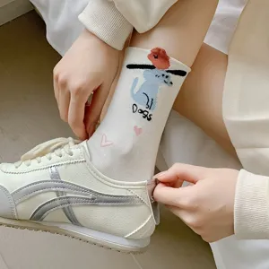 Cute cotton mid-tube socks for women, featuring a 3D puppy design and soft fabric for spring.