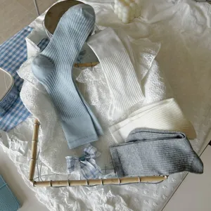 Spring summer ribbed crew socks cute vintage casual daily wear breathable cotton blend hosiery