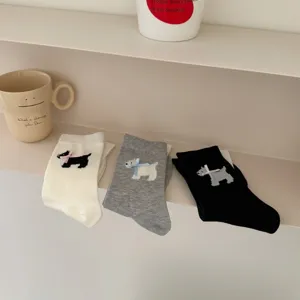 Women cute puppy pattern mid tube socks cotton knit hosiery with sweet bow detail daily wear