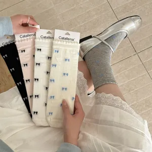 Calcetines slouch lazo encaje mujer media caña volantes mesh estilo dulce moda bonita