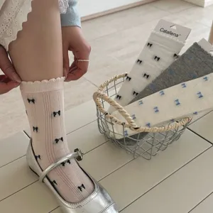 Calcetines media caña lazo encaje estilo coreano lindo borde volantes verano.