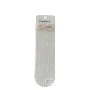 Mujeres encaje lazo calcetines media pantorrilla fino malla estilo ballet blanco lindo