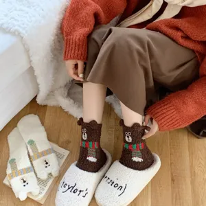 Cute winter coral fleece socks for women, warm 3D bear ears with cozy scarf design.