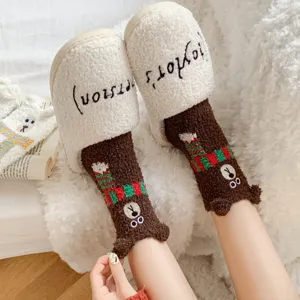 Cozy winter thick coral fleece floor socks with cute 3d bear ears and scarf warm slippers