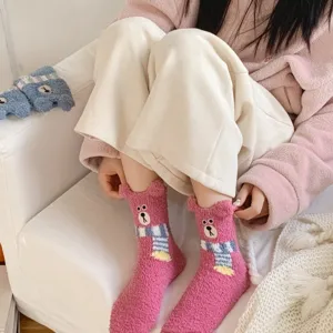 Cozy plush bear detail socks with cute 3D ears and scarf design, soft warm winter indoor wear.