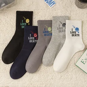 Men's Combed Cotton Crew Socks Autumn Winter Casual Sports Letter Smiley Embroidery Comfortable Sock