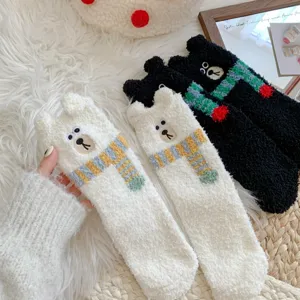Winter thick coral fleece socks with cute 3D bear ears and scarf design, soft and warm.