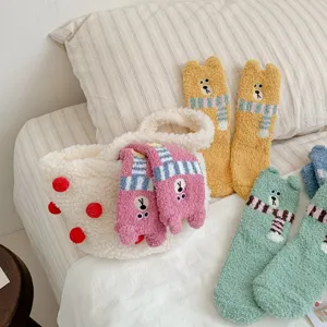 Cozy thick coral fleece socks with cute 3D bear ears and scarf design, soft winter warm socks.