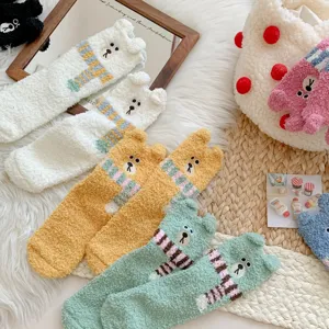 Cute fuzzy coral fleece winter socks with 3d bear ears and warm scarf, cozy thick floor socks