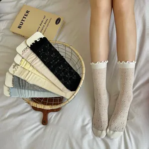 Damen Rüschen Schleife Wadenstrümpfe retro dünn Frühling Sommer Freizeit Socken neu