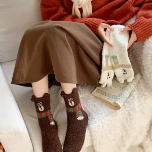 Cute winter thick coral fleece socks with 3D bear ears and scarf. Warm cozy floor socks for women.