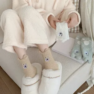 Cute 3D bear coral fleece fuzzy socks thick warm winter indoor floor sleep socks