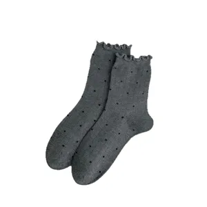 Cute ruffled trim polka dot mid-calf women socks, dark grey daily casual cotton socks.