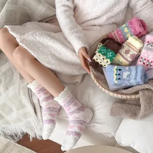 Cozy coral fleece fuzzy sleep socks detail, winter warm thick thermal socks for women.