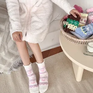 Cozy winter thick coral fleece socks with fair isle patterns, warm fuzzy sleeping socks for home.