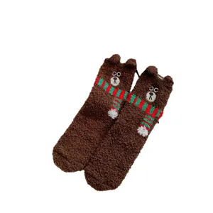 Winter warm coral fleece socks with 3d bear ears and cute scarf design, thick plush floor socks