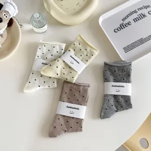 Japanese style polka dot mid-tube socks with rolled cuffs, soft cotton cute daily wear for women