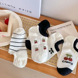 Cute Japanese style women low cut socks with sweet cherry and stripe prints, breathable summer.