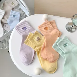 Women cute embroidered short cotton socks, pastel colors crew socks, soft ribbed casual hosiery.