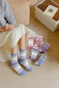 Thick coral fleece striped socks detail, cozy fuzzy floor socks for women warm winter sleep wear.