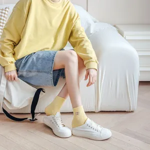 Spring summer women solid color mid tube socks with cute embroidery letters casual cotton style.