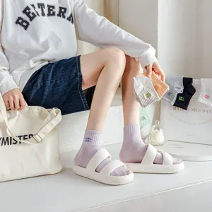 Women spring summer solid color cotton mid tube socks with cute embroidery design casual