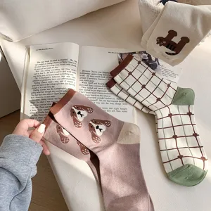 Cute cartoon puppy and grid mid-calf socks detail, sweet preppy style for spring summer daily wear.