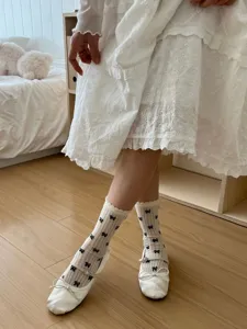 Summer sheer mesh bow socks women breathable hollow out ballet style mid tube socks