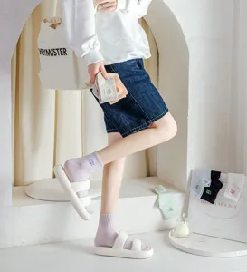 Women summer short socks solid color cute embroidery cotton casual ankle socks daily wear