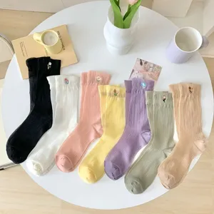 Women sheer mesh mid-calf socks with delicate floral embroidery, thin breathable crystal silk.