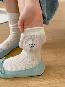 Spring summer women mesh sheer mid-calf socks ballet style bow embroidery cute casual hosiery