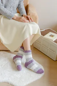 Cozy winter warm coral fleece striped socks for women, soft plush indoor home floor sleep socks.