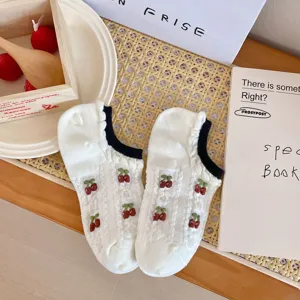 Women cute cherry mesh short socks sweet shallow boat socks breathable white cotton socks