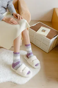 Cozy autumn and winter striped coral fleece thick warm socks with plush home slippers.