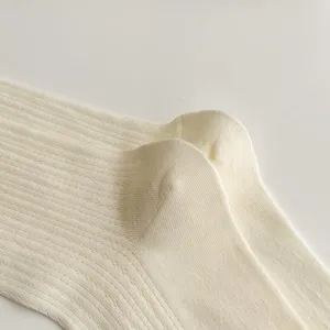 Gros plan des chaussettes en tricot ajouré blanc pour femme, texture douce et respirante.