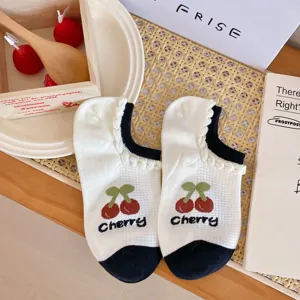 Cute cherry mesh low-cut women socks summer breathable casual short boat socks white