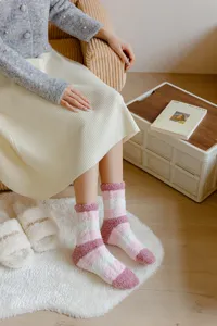 Cozy winter coral fleece striped women warm thick sleeping home floor socks fluffy soft