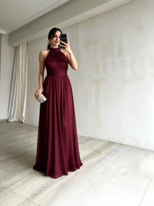 Vestido Maxi Francés Sin Mangas Halter Para Mujer Color Sólido Cintura Alta Gasa Vestido de Noche Fiesta Banquete