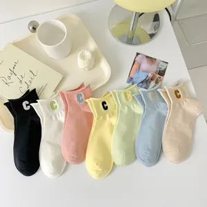 Women cute embroidered letter C short socks solid color casual cotton ankle socks set